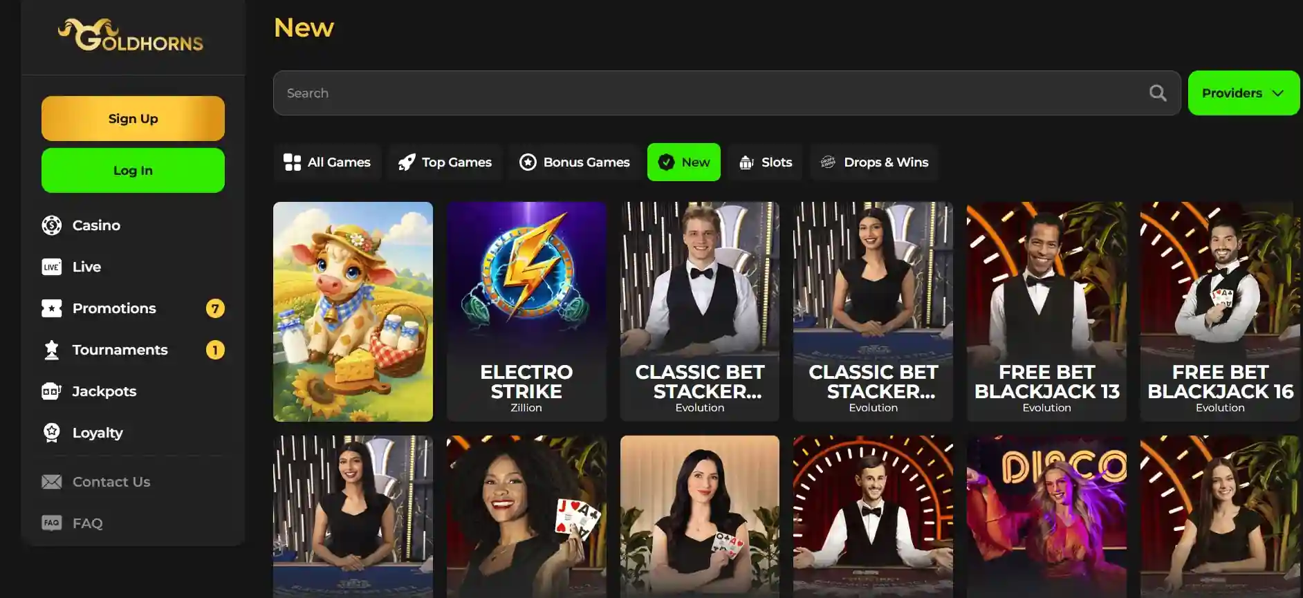 Echte beeldopname van de actuele Goldhorns live-casinolobby